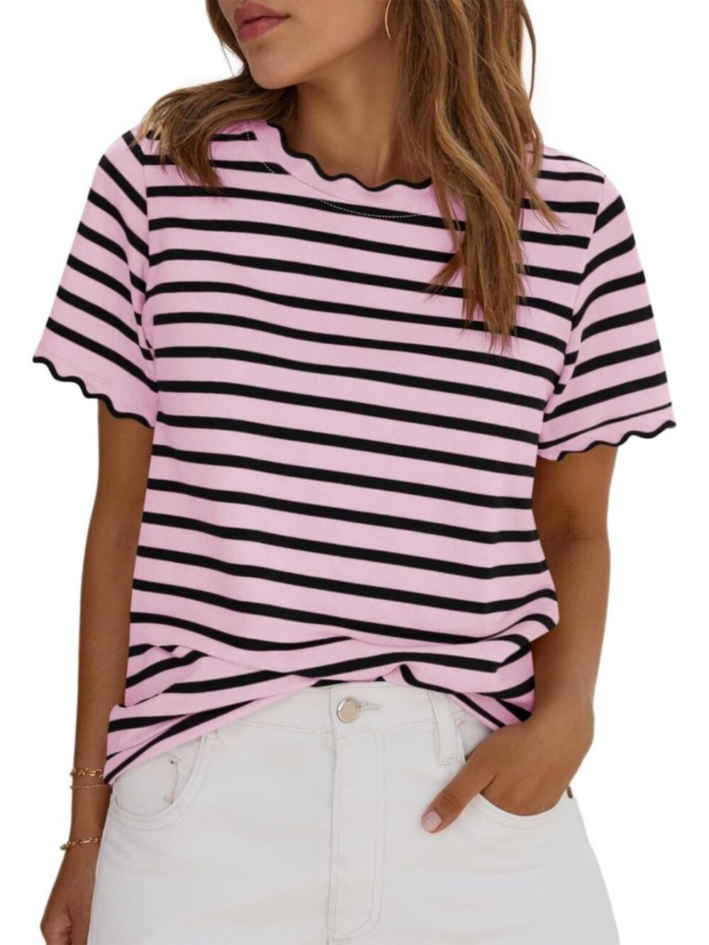 Trendy Women's Summer Striped Color Block Scalloped Short Sleeve Tee Shirt - Picture 1 of 5